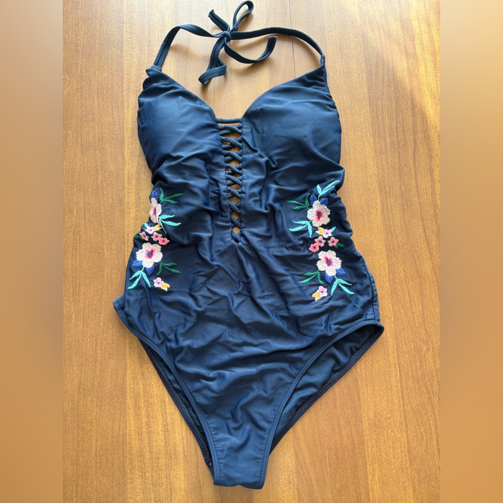 Hollister Embroidered Navy Swimsuit with Lace-Up Detail
